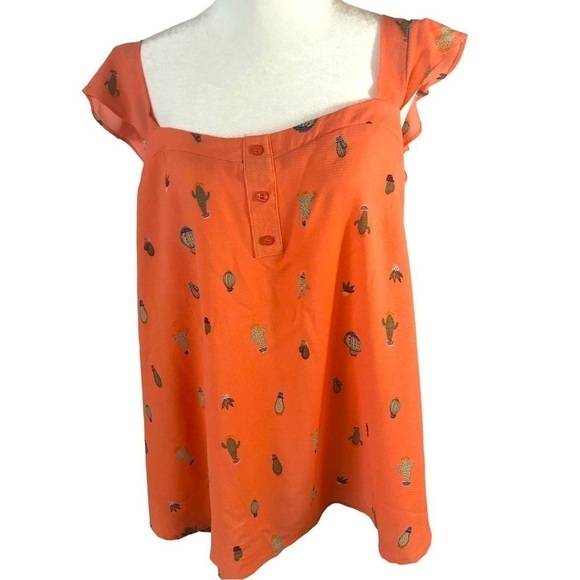 torrid Tops - Torrid Popover Top Women 1 Orange with Green Cacti Graphics  Ruffle on Straps
